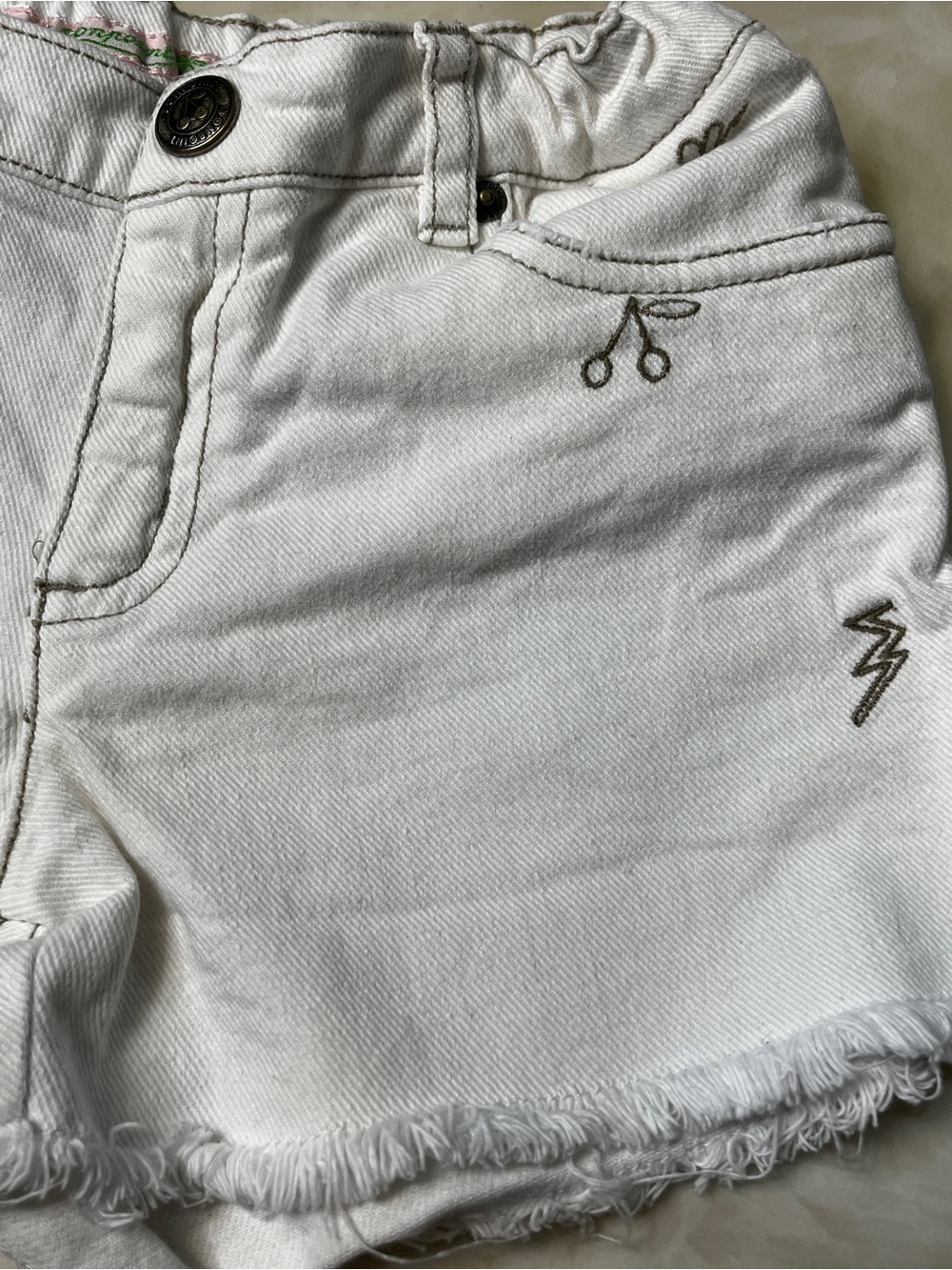 White Denim Embroidered Frayed-Hem Shorts - Picture 3 of 10